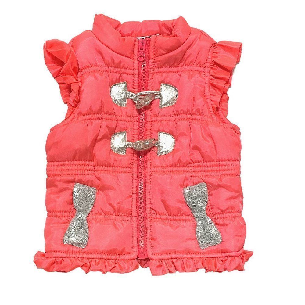 LITTLE Lass Neon Coral Ruffle Trim Puffer Vest